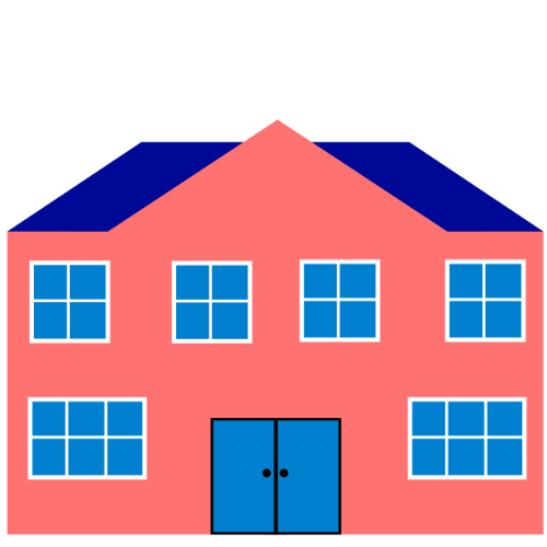 Pink building with blue double doors and six blue windows.
