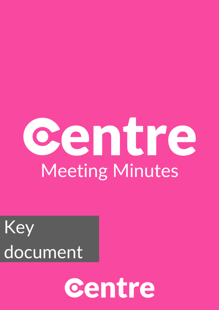 A pink page cover with the word "Centre" on. The second line is "Meeting Minutes" with a small tag on the bottom saying "Key documents".